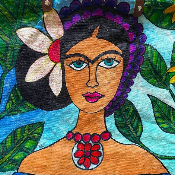 Frida Kahlo Inspired Large Hand Painted Tote - Picture 2 of 8